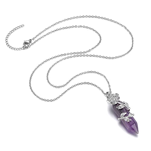 Pesoenth Amethyst Crystal Necklace Silver Flower Wrapped Purple Hexagonal Gemstone Pendant Purple Crystal Spiritual Healing Point Necklace Jewelry For Women Girl #TOP4