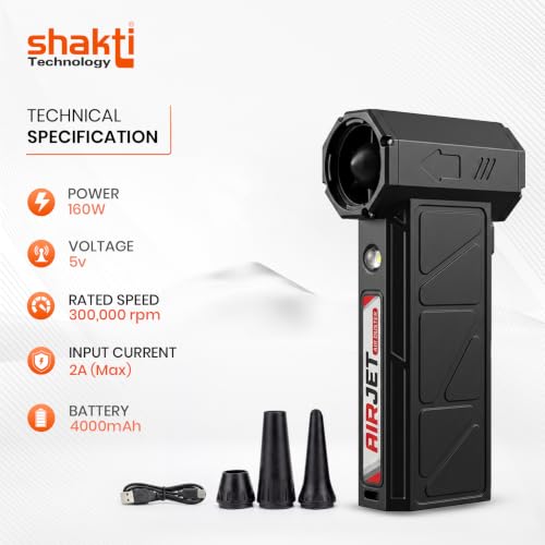 Image of Shakti Technology Airjet Handheld High-Speed Air Duster,300000 RPM Cordless Mini Air Blower &, Portable Rechargeable Blower for Home, Car, PC and Keyboard Cleaning