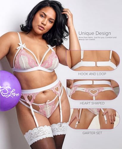 Image of RSLOVE Women Lingerie Set with Garter Belt | Heart Cutout Lace Design, Adjustable Fit, Soft Stretch Fabric, 3 Piece Romantic Lingerie Set