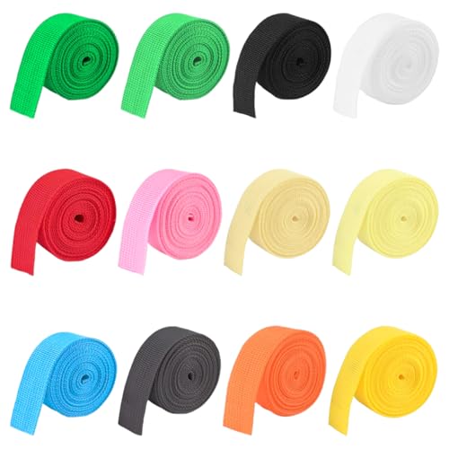 12 Rollos Cintas de Polipropileno, Ancho 25 mm, 2 m de Longitud, Multiusos, 12 Colores, Cintas de Polipropileno Ideal para Proyectos de Bricolaje, Collares de Perro, Manualidades y Exteriores