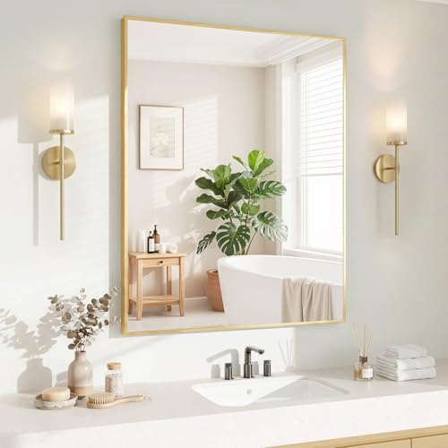 Image of Koonmi Gold Mirrors for Wall, 30x36 Inch Bathroom Mirror, Rectangular Wall Mirror for Living Room Bedroom Bathroom, Hangs Horizontally or Vertically
