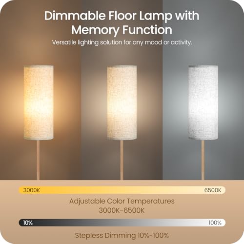 Image of 2 Pack Wooden Textured Pole Lamps, Dimmable Floor Lamp for Living Room with Remote and Foot Switch, 64.4 inch Standing Tall Lamp, Corner Light for Bedroom, Bulb Included, 3000K-6500K, XE06LDP205W1