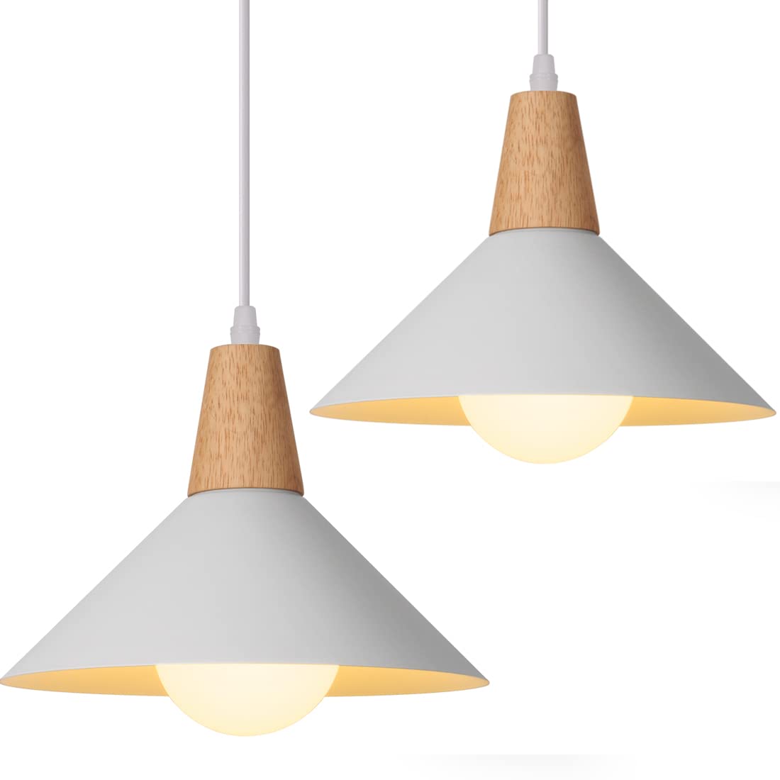 Lampada a Sospensione Retrò LED Lampada a Soffitto in Legna Metallo Moderna Lampadario a Scandinavo Plafoniera per Soggiorno Sala Da Pranzo Camera,25cm (Bianco 2 Pezzi)