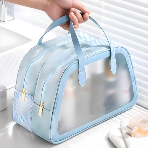 Image of Kuber Industries Waterproof Skincare /Cosmetic Bag for Women | Space-Saving Makeup & Travel Toiletry Pouch | Aesthetic Vanity Kit & Wash Bag for Girls | YJ-20-BLU | Transparent - Blue