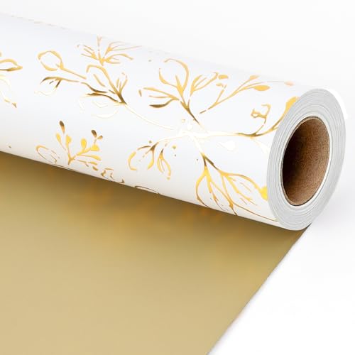 BIOBROWN Reversibles Hochzeitsgeschenkpapier Gold-Weiß Botanik Foliendesign für Hochzeit Verlobung 43 cm x 10 m Elegante Geschenkverpackung für Luxusgeschenke
