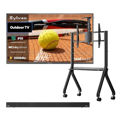 SYLVOX Pool Pro 2.0 Outdoor TV Bundle, 2000-Nit 4K UHD Full Sun Outdoor TV with S3 Dolby Atmos Waterproof Soundbar & Mobile TV Stand, Weatherproof Smart Television for Patio, Backyard & Poolside Enter