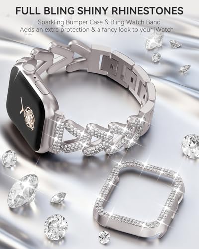 Image of Rhinestones Encrusted Metal Bracelet and Case, Compatible with Apple Watch Bands 38mm-49mm (Series 11 /1 /SE /Ultra 2)- Bling Gold Women's Jewelry Strap, Luxury iWatch Bracelet with Screen Protector