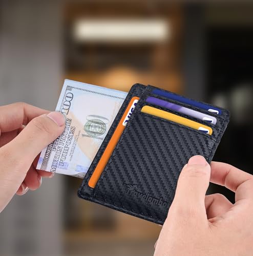Image of Travelambo Slim Wallet Front Pocket Minimalist Leather RFID Blocking Medium Size (Carbon Fiber Black)