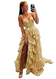 Wchecalino Sparkly Tiered Tulle Prom Dresses Long 2025 Spaghetti Straps Lace Appliques Corset Evening Party Gown with Slit Gold 0