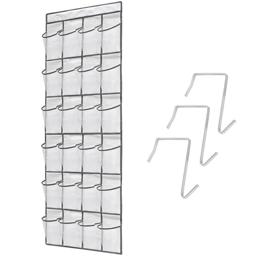 TidyMaster Over the Door Shoe Organizer, 24 Large Breathable Mesh Pockets, Space Saving Hanging Storage Holder, Hangs on Closets for Shoes, Accessories, 3Hooks, GREY (66