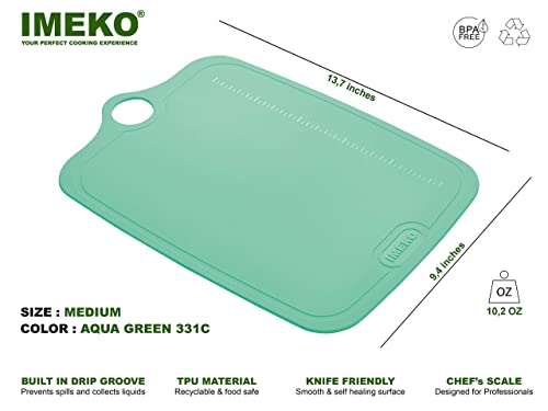 Imeko Tpu Cutting Board, Bpa Free, Knife Friendly, Flexible, Dishwasher Friendly, Space Saving, Ergonomic Design, Chopping Mat - Aqua Green - Size: Medium 13.7" X 9.4"- W: 10 Oz. #TOP1