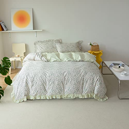 Aojim Ruffle Duvet Cover 100% Cotton Twin Size (68X86 Inch), Farmhouse Chic Comforter Cover Set With Refreshing Green Floral, Soft Breathable Vintage Style Quilt Cover 3 Pieces (No Comforter) #TOP19