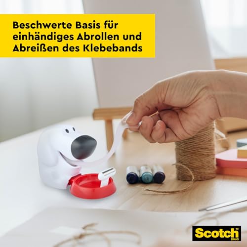 Scotch Tischabroller inkl. 1 Rolle Klebeband - Hunde Klebeband Abroller, auch für Kinder, weiß