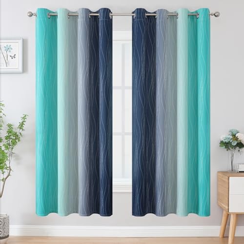 Estelar Textiler Navy Blue and Teal Blackout Curtains 72 Inch Length 2 Panels Set, Full Room Darkening Grommet Ombre Curtains for Bedroom, Thermal Insulated Light Blocking Gradient Drapes, 52Wx72L