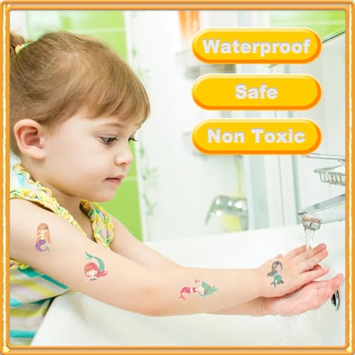 Rusoz Sirène Tattoo Enfants,8 Feuilles de Tatouage Métallique Enfants Résistant à l'eau Sûr et Durable Tatouages Enfants pour l'extérieur, les fêtes avec les amis, etc. – vue 3
