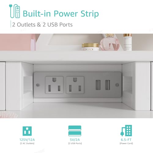 Image of White Makeup Vanity Desk with Mirror and Lights, Small Girls Vanity Set with Chair, Make Up Dresser Table with Drawers and Power Outlet for Bedroom Small Space