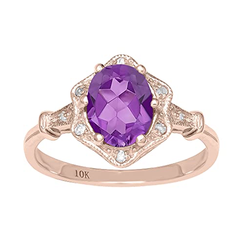 10K Rose Gold Vintage Style Genuine Oval Amethyst And Diamond Halo Ring #TOP10