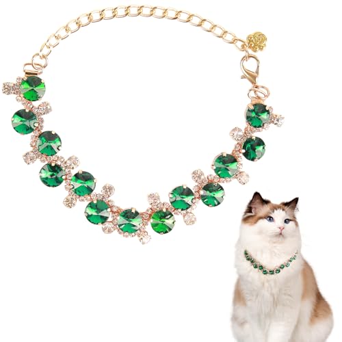 Image of HOWWFALY Dog Collar and Cat Collar Gold Chain Necklace Stainless Steel Adjustable Green Rhinestones Collar with Cute Pet Paw for Small Medium Pets Cats Dogs Kitten Puppy (Green, L)