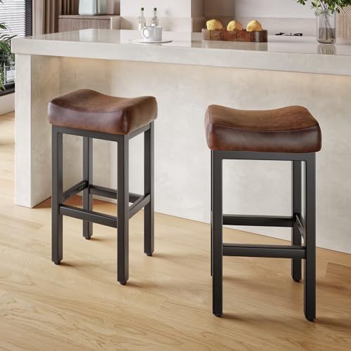 Image of 29 Inch Bar Height Bar Stools Set of 2, 29 inch Barstools for Kitchen Island Counter, Backless Bonded Leather Bar Height Stools with Thick Saddle Seats & Heavy Duty Metal Base, Easy Assembly, Brown /Black