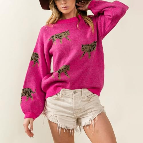 Women Oversized Knit Sweater Tiger Print Long Sleeve Pullover Tops Aesthetic Clothes Streetwear Knitwear3