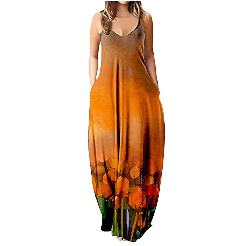 Plus Size Maxi Boho Dress for Women V-Neck Sexy Spaghetti Strap Dress Beach Print Long Maxi Boho Dress with Pockets Orange