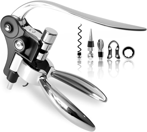 Lot de 6 tire-bouchons de qualité supérieure en acier inoxydable avec tire-bouchon à levier, bec verseur, bouchon sous vide, coupe-capsule, spirale interchangeable, anneau anti-goutte, pour tous les