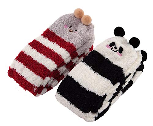 Image of Wander G Womens Over Knee High Fuzzy Socks Cute Cartoon Thigh High Stockings Warm Stripe Leg Warmers