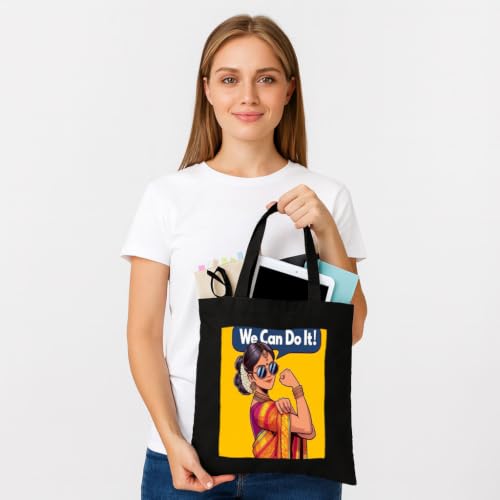 Image of Black Tote Bag With Pocket Printed Designed Canvas Tote Bags For Women large capacity,Tote bag For Shopping, College, Travel, More Canvas Handbag For Unisex Bag