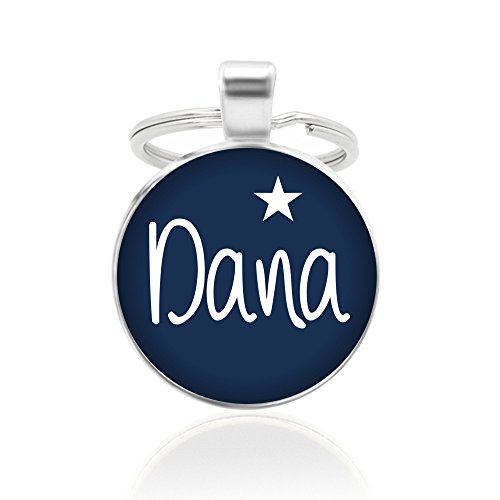 KT-Schmuckdesign Schlüsselanhänger - dunkelblau, 25mm, Cabochon mit Wunschtext und Stern-Motiv - Individuell Geschenkidee Anhänger für Freunde Partner Personalisiert versilberte Fassung Cover