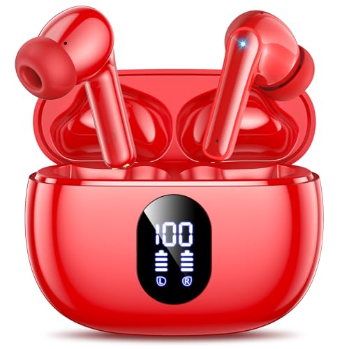 Image of Wireless Earbuds Deep Bass Sound Ear Buds, Bluetooth 5.3 Headphones 48H Playtime, LED Display Earphones with Mic, IPX7 Waterproof Lightweight in-Ear Buds, Touch Control for iPhone TV Laptop Red