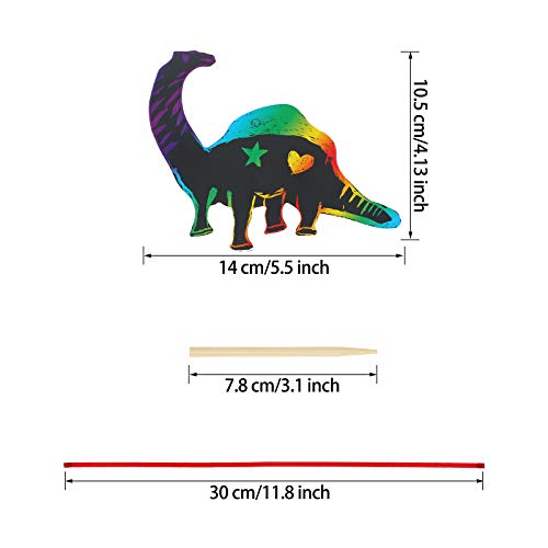 outus 120pcs scratch dinosaur craft art kits for kids with 48 scratch dinosaur paper24 wooden styluses and 48 ribbons for theme birthday party game supplies