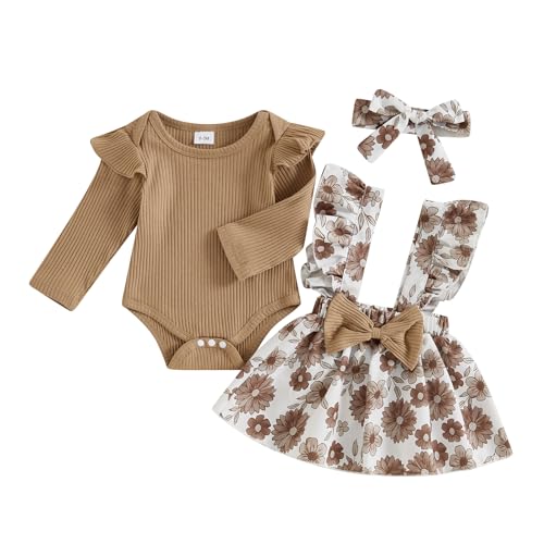ZAXARRA Baby Girl Fall Outfits Infant Girl Romper Suspender Dress Skirt with Headband 3Pcs Festival Clothes Set (Khaki, 6-12 Months)