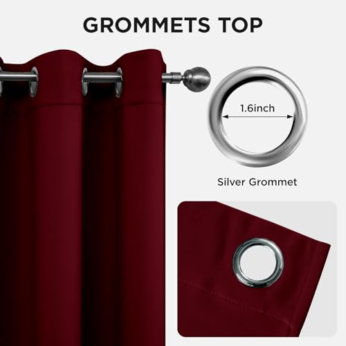Image of Joydeco Blackout Curtains for Bedroom 55 x 96 Inch, Eyelet Thermal Insulated Energy-saving Drapes for Room Darkening Light Filtering, Long Window Treatments 96 Inch Drop, 2 Panels - Burgundy Red