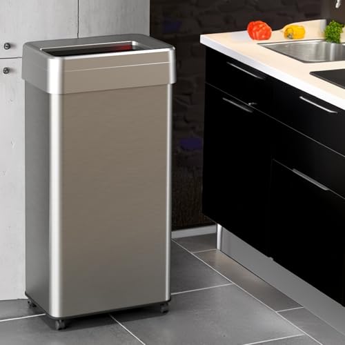 Image of iTouchless 21 Gallon Open Top Kitchen Trash Can Recycling Bin with Wheels and Double Odor Filters Rectangular Commercial Stainless Steel 80 Liter Trashcan Home Office Work Bedroom Livingroom Garage