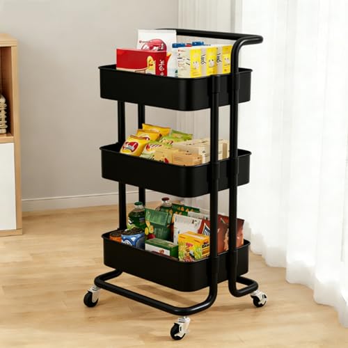 サムコス キッチンワゴン キャスター付き 360°可動 3段 隙間収納 移動実用カート 調味料棚 キッチン バスルーム 寝室 洗面所 冷蔵庫横 オフィス ランドリー バスケットラック 多機能 大容量 省スペース 組立簡単 小物整理 調味料入れ 食器 多機能 収納棚 長43*幅36*高さ86cm(黒)