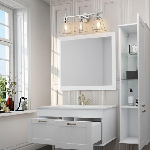 Image of Industrial Bathroom Vanity Lights: 3-Lights Silver Brushed Nickel Vintage Metal Cage Wall Lamp - Rustic Farmhouse Light Fixture Over Mirrors Cabinet for Bath Hallway