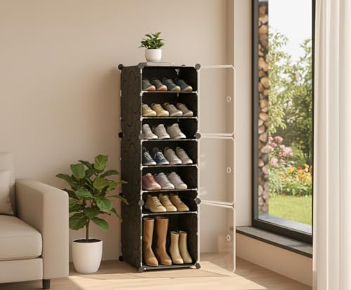 Image of KRISHYAM 9-Tier Portable Shoe Rack Organizer with 3 Doors | Modular Plastic Cube Storage Cabinet for Hallway, Bedroom, Closet & Entryway | Holds Up to 18 Pairs | Black