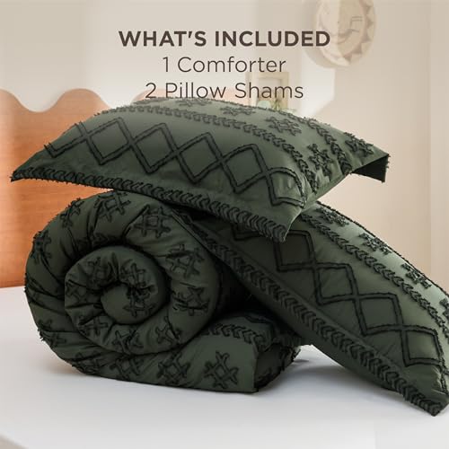 Image of Bedsure Tufted Boho Comforter Set Queen Size - Olive Green Boho Bed Set, GentleSoft 3 Pieces Farmhouse-Style, Home Decor Bedding, Gifts for Woman, Soft Jacquard Queen Comforter for All Seasons