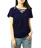 Ladies Top Sexy Fashion Hollow V-Neck Criss Cross Short Sleeve Tshirt(Navy,L)