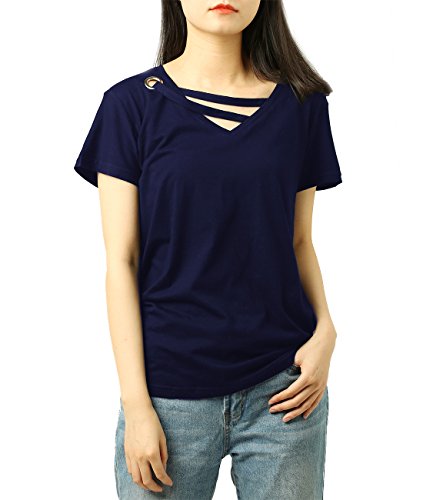 Ladies Top Sexy Fashion Hollow V-Neck Criss Cross Short Sleeve Tshirt(Navy,L)