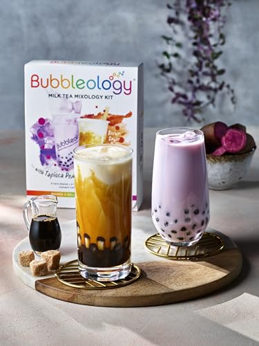 Bubbleology Milk Tea Mixology Kit with Tapioca Pearls (Pack of 1) Makes 4 Delicious Bubble Teas | 2 Brown Sugar Milk & 2 Taro Milk with Instant Tapioca Pearls