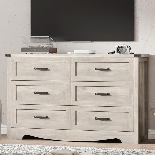 Image of Dresser for Bedroom with 6 Drawers, 54 inch Wide Wood Chest of Drawers with Deep Drawers & Mental Handle, Modern Dresser TV Stand, Wooden Closet Storage Organizer for Living Room, Hallway, Entryway, Grey