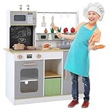 Comprehensive Set: This Kids Play Kitchen includes a wooden kitchen and 17 accessories, featuring cookware and wooden vegetables. The new model stove offers realistic sound and lights controlled by buttons, and the ice maker dispenses ice cubes at th...