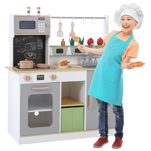 Wooden Farm & Kitchen Playset with Cookware Accessories - Kids Chef Pretend Play Set Featuring Ice Maker, Chalkboard, and Planter Area
