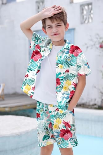 Image of Cromoncent Boy and Men Hawaiian Outfits Short Sleeve Shirts and Shorts Hawaiian Suits Beach Tropical 2 Pcs Vacation Sets