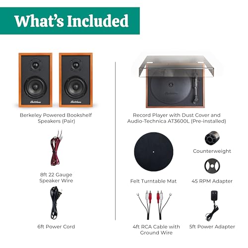 Electrohome Montrose, Upgradable Vinyl Record Player with Berkeley, Powered Bluetooth Bookshelf Speakers, 1" Tweeter & 3" Driver, for Warm Natural Sound, Teak