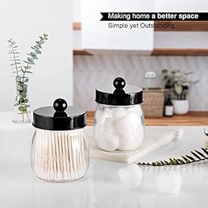 Farmhouse Decor Apothecary Jar Set,Mason Jar Bathroom Vanity Storage Organizer Canister - Qtip Holder Plastic Acrylic Jar for Cotton Swabs,Cotton Pads,Floss Picks,Paper Clips,Hair Clips(2 Pack,Black) Farmhouse Decor Apothecary Jar SetMason Jar Bathroom Vanity Storage Organizer Canister Qtip Holder Plastic Acrylic Jar for Cotton SwabsCotton PadsFloss PicksPaper ClipsHair Clips2 PackBlack