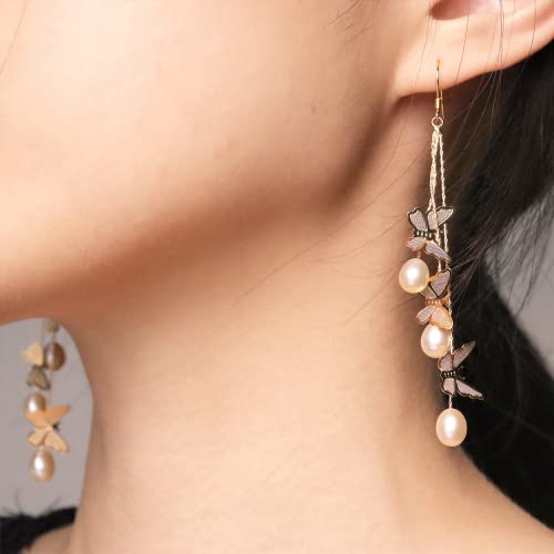 Sonateomber Gold Butterfly Freshwater Pearl Drop Dangle Earrings For Women - Elegant Natural Small Waterdrop Pearls Dangling - Dainty Long Gold Chain Tassel Handmade Brides Prom Wedding Jewelry Gift #TOP3