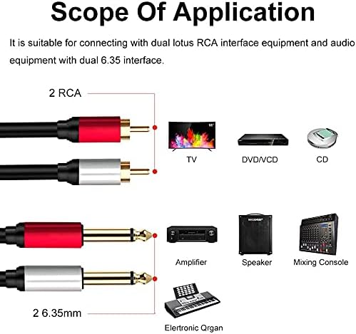 Yeung Qee 2 x 6.35 mm to 2 RCA Stereo Audio Interconnect Cable,Dual 1/4 inch TS Stereo Jack Male to 2 RCA Male Stereo Audio Cable Splitter Adapter Cable (5M)