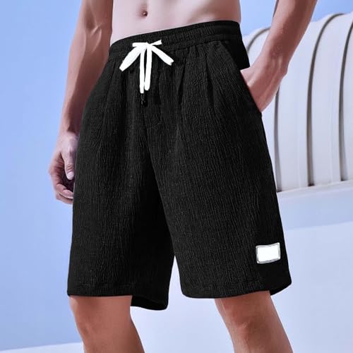 Men Casual Shorts Elastic Waist Drawstring Texture Loose Fit Knee Length Pants Summer Going Outing Shorts with Pocket2